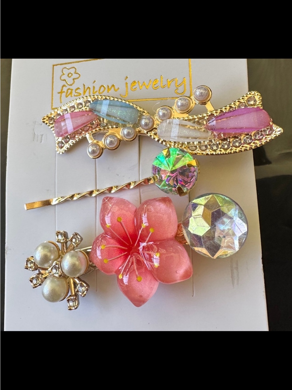 Fashion Jewelry Pink Floral & Iridescent Gem Hair Clip Set